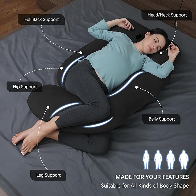 MOON PARK Pregnancy Pillows for Sleeping - U Shaped Full Body Maternity Pillow with Removable Cover - Support for Back, Legs, Belly, HIPS - 65 Inch - Black