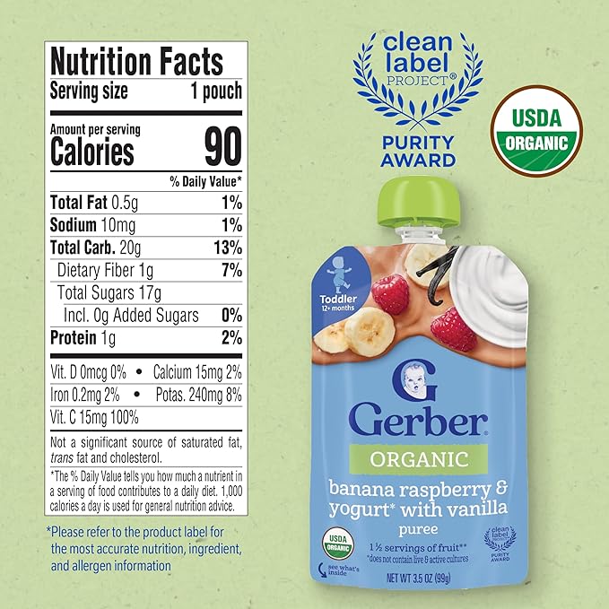 Gerber Toddler Food, Organic Banana Raspberry Yogurt with Vanilla Puree Pouch, Toddler Pouches, No Added Sweetener, No Artificial Colors or Flavors, 12-Pack