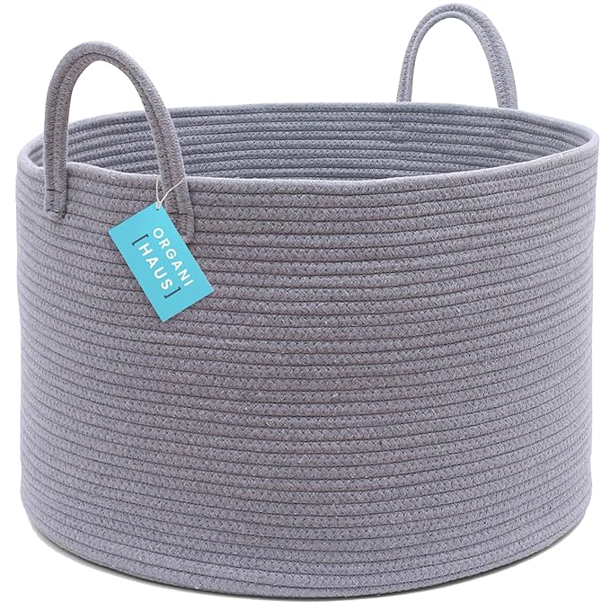 OrganiHaus Woven Laundry Basket, Large Cotton Rope Blanket Holder with Handles, Soft & Sturdy Nursery Hamper, Decorative Toy Bin for Living Room Organization 20x13 inches - Gray