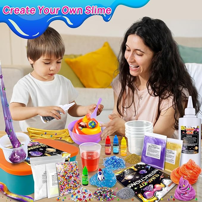 Metallic Slime Kit for Girls, Glimmer Crunchy, Galaxy Slime Making Kit for Girls Boys 6-12, Glow in The Dark DIY Slime Kit with Add-ins, Foam Balls, Charms, Glitters, Party Favors Gift Toys for Kids