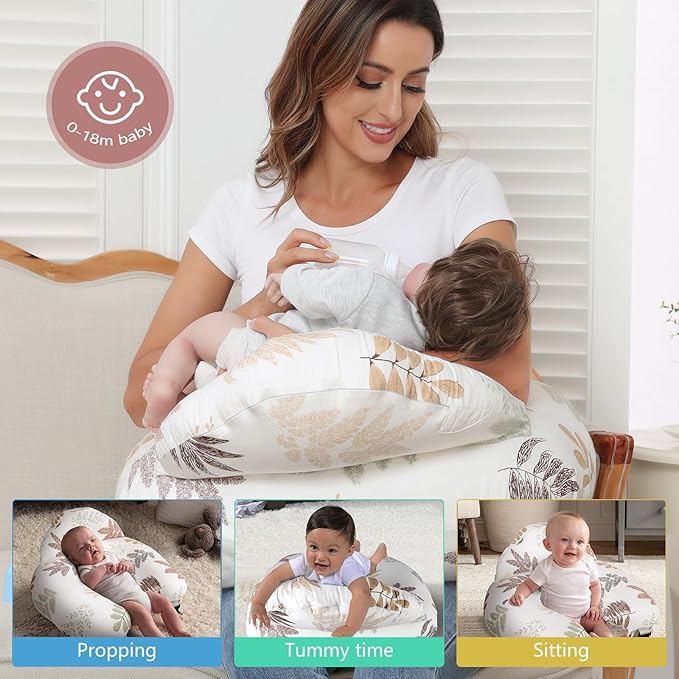 Nursing Pillow for Breastfeeding, Breastfeeding Essentials for Newborn, More Support for Mom and Baby, with Adjustable Waist Strap and Removable Cotton Cover (Small Leaves)