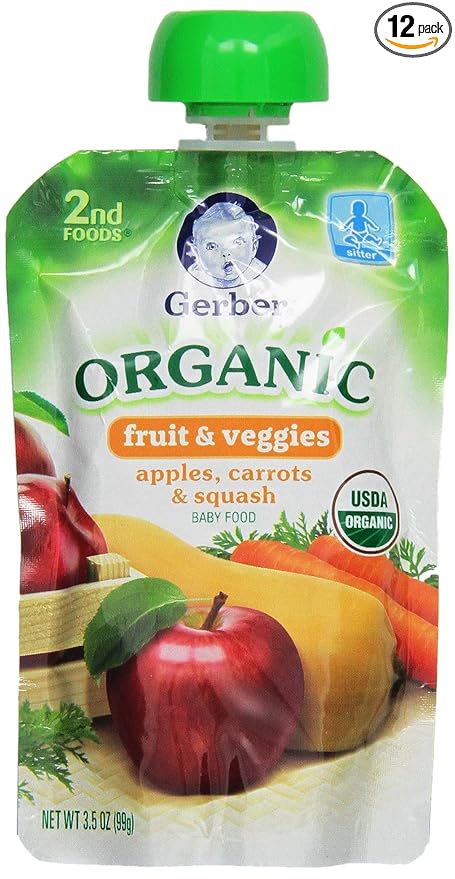 Gerber Stage 2 Baby Food, Organic Apple Carrot Squash Puree Pouch, 2 Servings of Fruit & Veggie, No Added Sweetener, No Artificial Colors or Flavors, 12-Pack