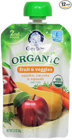 Gerber Stage 2 Baby Food, Organic Apple Carrot Squash Puree Pouch, 2 Servings of Fruit & Veggie, No Added Sweetener, No Artificial Colors or Flavors, 12-Pack