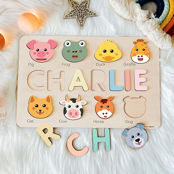 Personalize Name Puzzle for Toddler with Animal, Baby Gift for Girl and Boy 0 1 2 3 Year Old, Personalized Puzzle for Kid, 1 Year Old Kid Gifts, Customized Baby Gift, Educational Name Toy