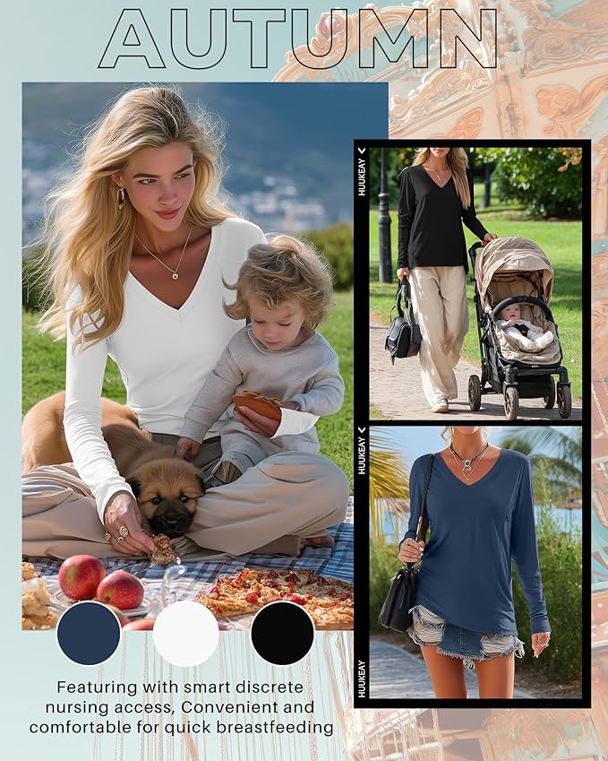 Huukeay 3 Pack Women's Long Sleeve Nursing Tops, Breastfeeding Hidden Zippers Shirts V Neck Maternity Pregnancy Tees Clothes
