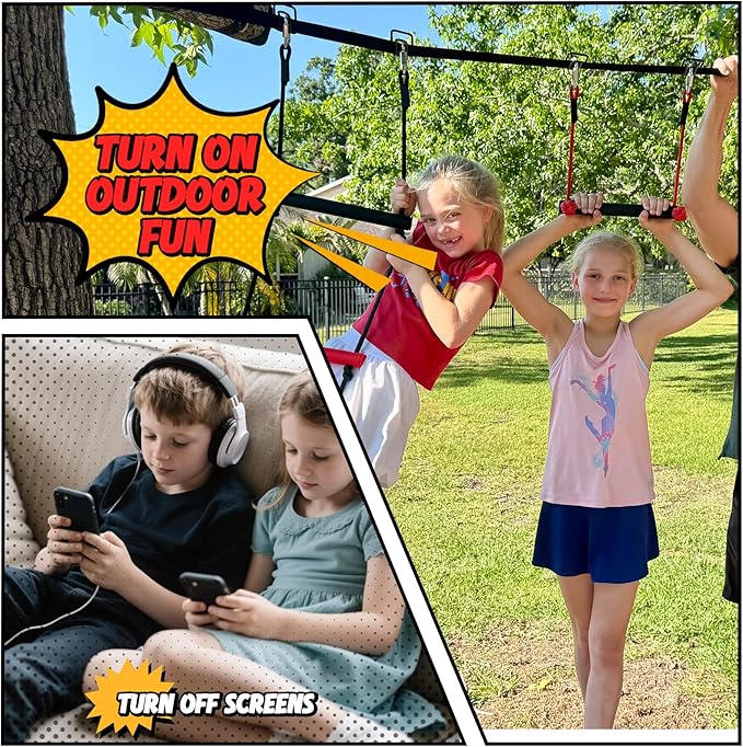 Hapfan Ninja Warrior Obstacle Course for Kids with Rickety Bridge, 50 FT Slackline Kit with Weather-Proof Obstacles, Outdoor Jungle Gym Climbing Toys for Backyard