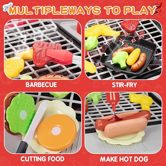 Kids Play Kitchen Toys, Kids BBQ Grill Kitchen Playset with Smoke, Sound & Light, Play Food Toys Cooking Set, 2-Layer Barbecue Outdoor Play Grill Toy Gift for Toddler Boys Girls 3-5