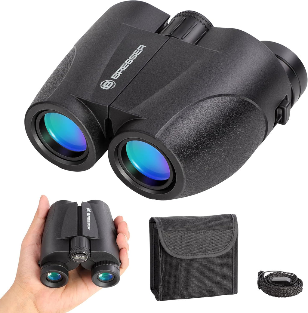 BRESSER 10x25 Binoculars for Adults and Kids, Folding Compact Binocular with Weak Light Vision, Lightweight Small Binoculars for Bird Watching, Travel, Concerts, Hunting, Hiking, Black