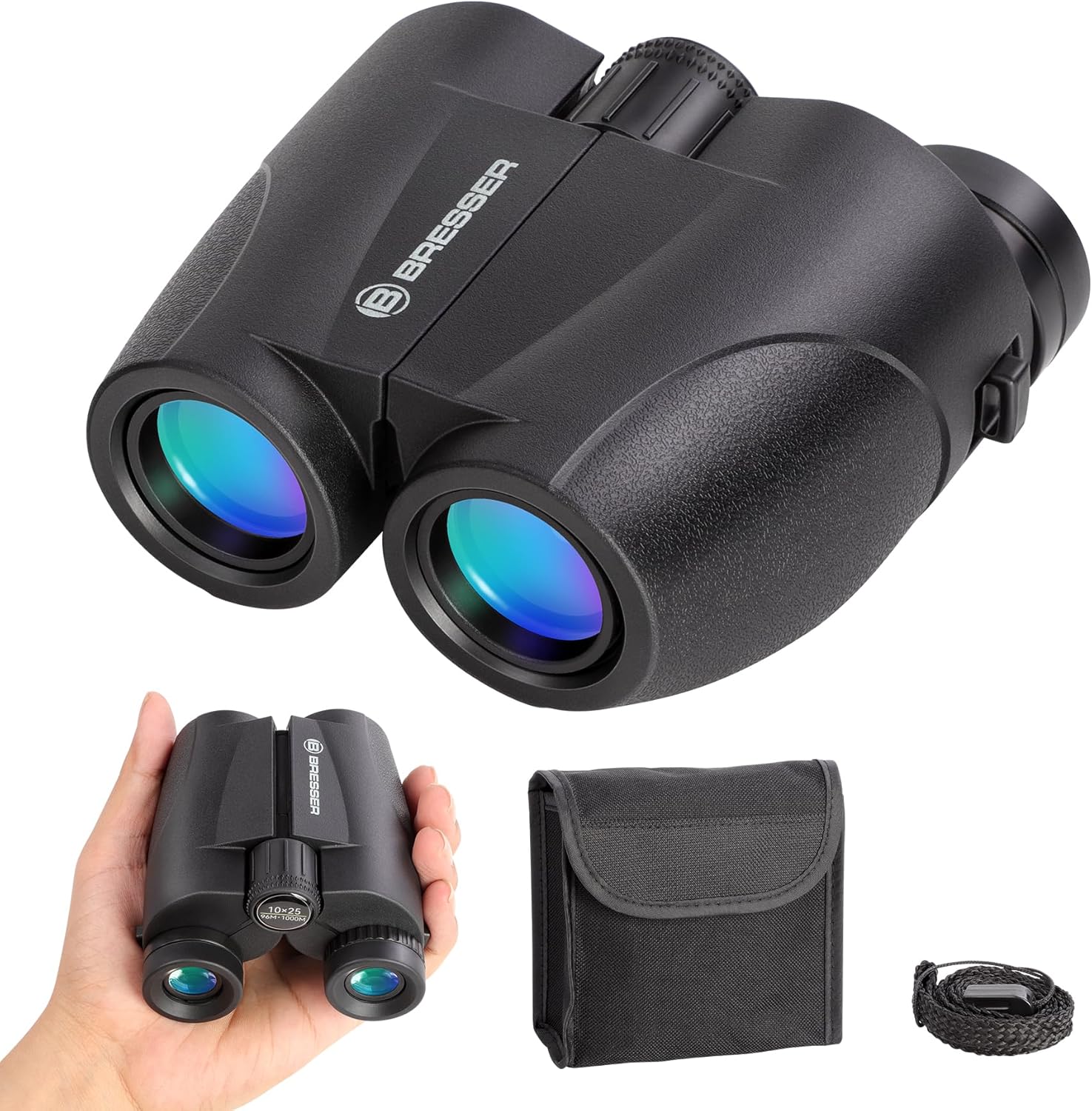 BRESSER 10x25 Binoculars for Adults and Kids, Folding Compact Binocular with Weak Light Vision, Lightweight Small Binoculars for Bird Watching, Travel, Concerts, Hunting, Hiking, Black