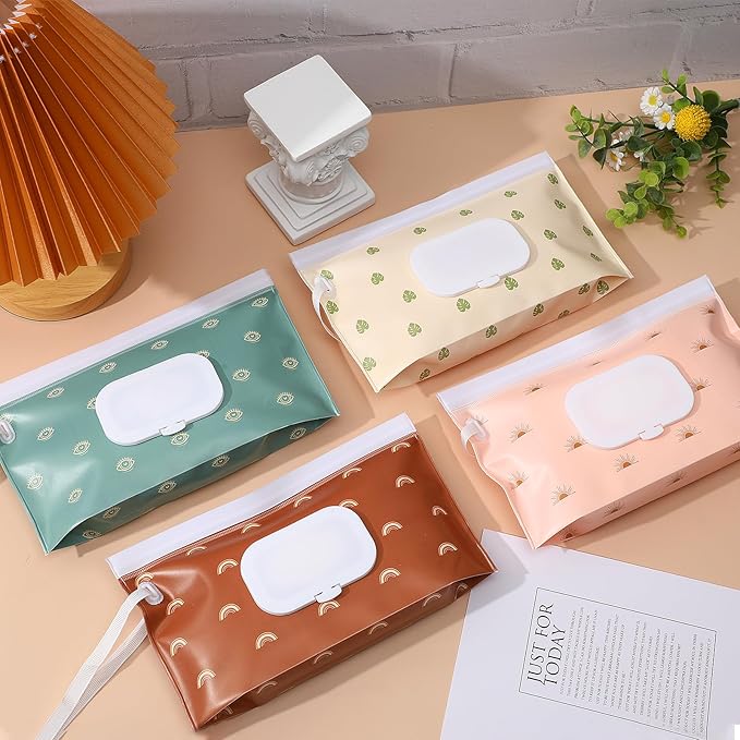 FEBSNOW 4 Pack Portable Refillable Baby Wipes Dispenser, Boho Style Rectangular EVA Wipes Case, Multicolor