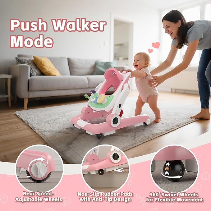 Baby Walker with Wheels, 5 in 1 Walker for Baby Boy Girl 6-12 Months with Bouncer, Music and Lights Baby Jumper Activity Center, Adjustable Height Speed, Push Walker for Ages 6-18 Months Toddler