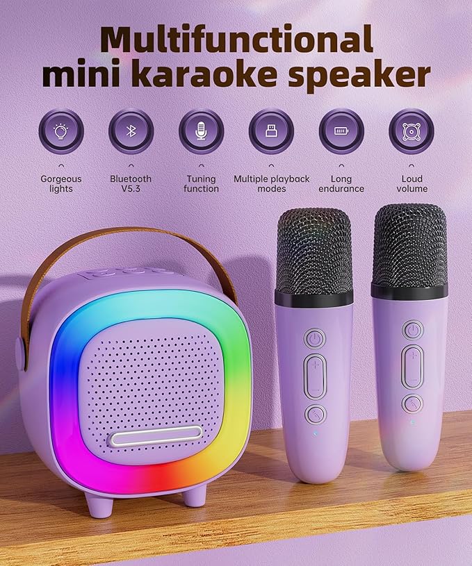 Mini Karaoke Machine Speaker for Kids Adults, Portable Bluetooth with 2 Wireless Microphones, Children's Day Birthday Gift Ideas for Toys for Teens Boys and Girls Aged 4, 5, 6, 7, 8, 9, 10, 11, 12+