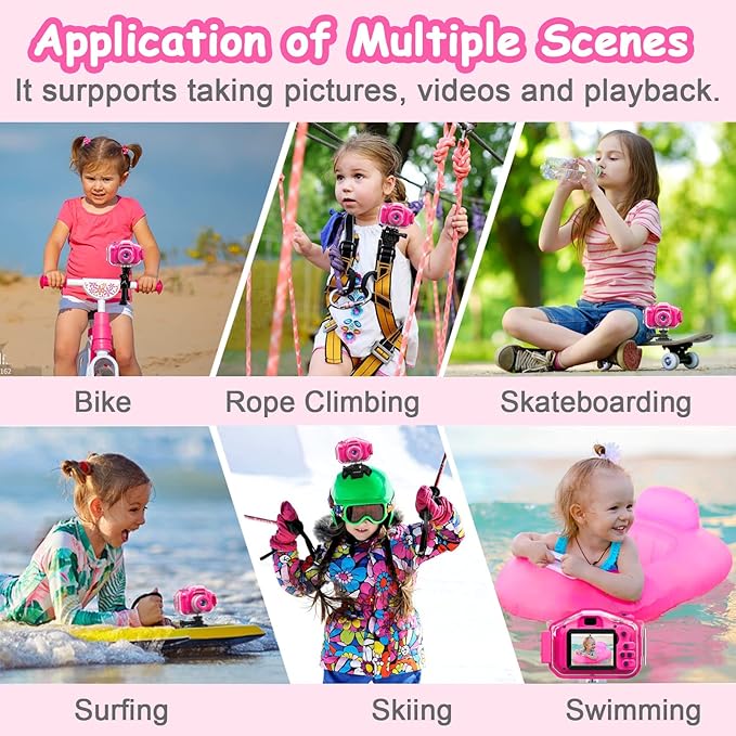 Agoigo Kids Waterproof Camera - Children Underwater HD Video Digital Camcorder, Portable Travel Toy for Toddler - Ideal Christmas Birthday Gifts for Boys Girls Age 3-12 with 32GB Card (Rose Red)