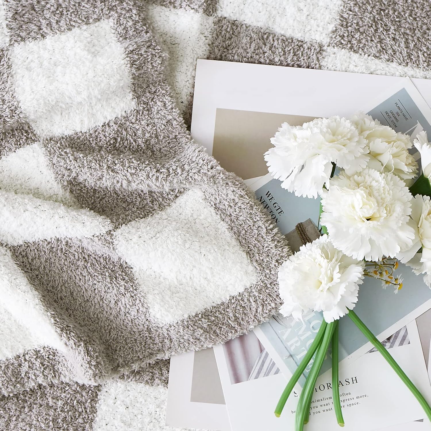 WRENSONGE Checkered Throw Blanket, Light Grey Soft Cozy Fluffy Warm Hand Made Throw Blankets for Couch, Sofa, Chair, Bed, Camping, Picnic, Travel Lightweight Bed Blanket - 60 * 80