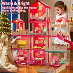 Pink Girl House Playset for Kids 3 4 5 6 7 8 Years Old - Villa Girl Toys with 4 Storeys 10-Room and 2 Dolls, Furniture Accessories, Pretend Play Indoor Toddler Toys Birthday Gifts for 3-5 6-8