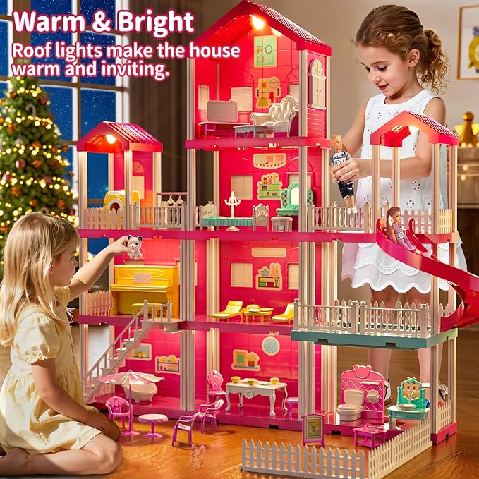Pink Girl House Playset for Kids 3 4 5 6 7 8 Years Old - Villa Girl Toys with 4 Storeys 10-Room and 2 Dolls, Furniture Accessories, Pretend Play Indoor Toddler Toys Birthday Gifts for 3-5 6-8