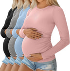 Ficerd 4 Pack Women's Maternity Shirts Cotton Long Sleeve Ribbed Crew Neck Pregnancy Tops Side Ruched Casual Mama Clothes