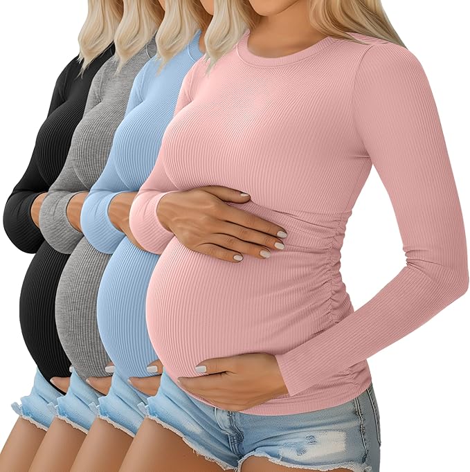 Ficerd 4 Pack Women's Maternity Shirts Cotton Long Sleeve Ribbed Crew Neck Pregnancy Tops Side Ruched Casual Mama Clothes