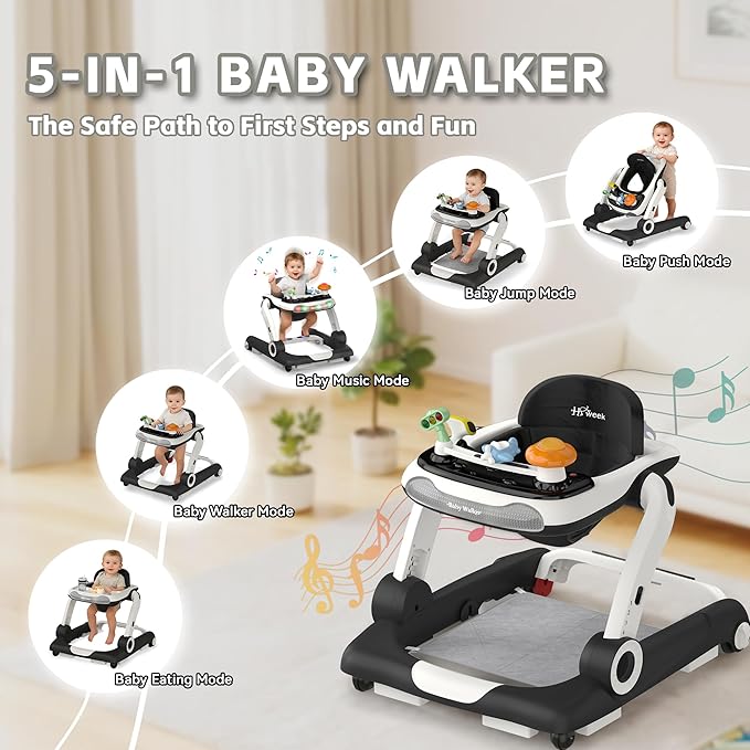 Baby Walker,4-Gear Height Adjustable Baby Walker with Wheels,5 in 1 Baby Activity Center,Music and Lights Bouncer Walker for Baby Boy 6-18 Months,Adjustable Speed Baby Push Walker