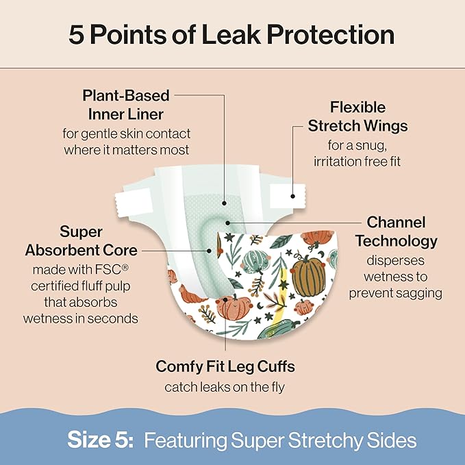 The Honest Company Clean Conscious Diapers for Delicate Skin | Up to 100% Leakproof | Hypoallergenic, Fragrance Free | Fall '25 Limited Edition Prints | Club Box, Size 5 (27+ lbs), 44 Count