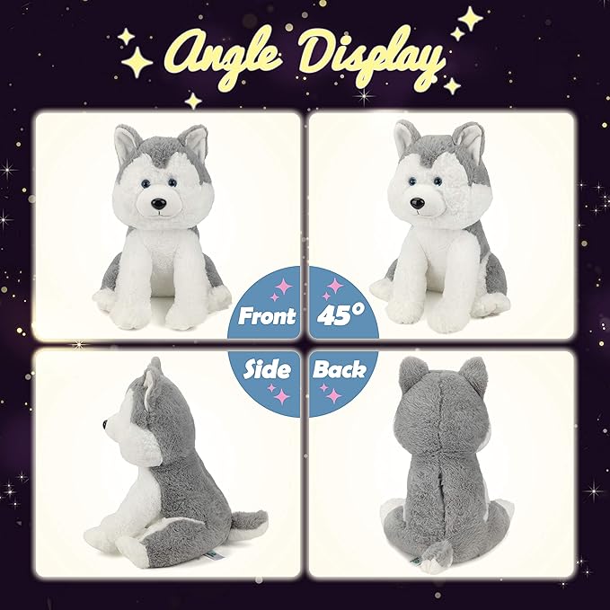 Hopearl LED Plush Husky Light up Stuffed Animal Dog Floppy Puppy Night Lights Glow in The Dark Birthday Festival for Kids Toddler Girls, Gray, 12''