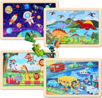 Wooden Educational Jigsaw Puzzles for Preschool Kids Ages 3-5, 4-Pack with 20 Pieces Dinosaur, Space, Transportation Wood Puzzles Set, Toddler Brain Teaser Toys, Gifts for Boys Girls Ages 3 4 5 6