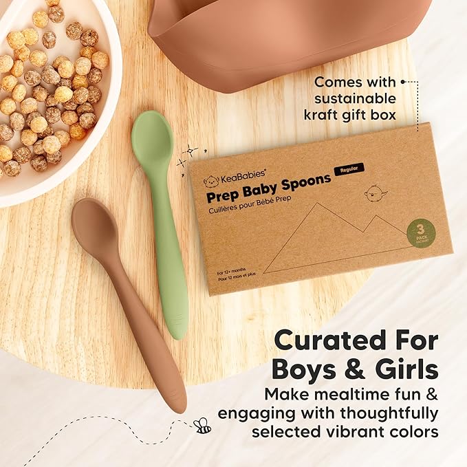 KeaBabies Silicone Baby Spoons, Self Feeding 6-12 months - 3-Pack Baby Weaning Eating Utensils, Toddler First Food Training Spoon, Infant, Kids Feeding Supplies Essential Set, Dishwasher-safe (Desert)