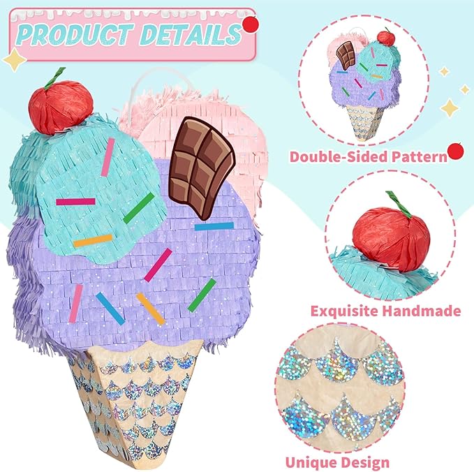 WERNNSAI Ice Cream Piñata - Summer Ice Cream Party Decorations for Kids Girls Birthday Pink Pinata Game Candyland Sweet Theme Party favors supplies with Bat Blindfold