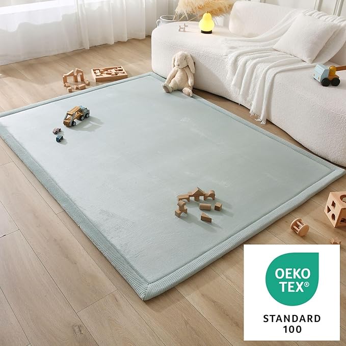 Stylish Coral Velvet Baby Play Mat for Floor 60" x 80" Green – Soft 1" Thick High-Density Memory Foam Nursery Rug,Kids Rug with Non-Slip Backing for Crawling & Playing, Playroom Rug, Kids Carpet