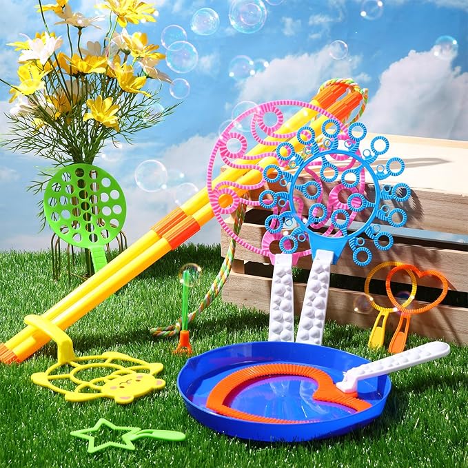 Lenwen 16 Pcs Giant Bubble Wands Kit Big Maker Toy Large Gigantic Bubble Wands with Refill and Tray for Summer School Birthday Outdoor Playtime Fun Activity Party Favors (Various)