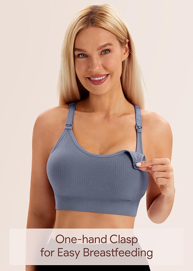 Angelhood Nursing Bras for Breastfeeding, Ribbed Nursing Sports Bra Yoga Maternity Bras Pregnancy Sleep Bralette