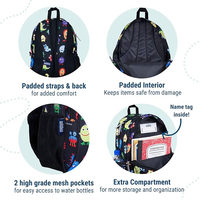 Wildkin 15-inch Kids Backpack – Durable, Padded, Adjustable for School & Travel - Monsters