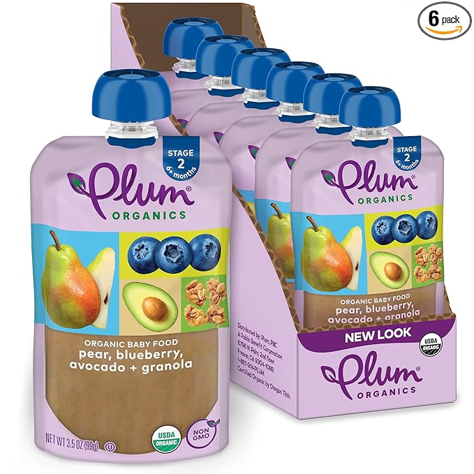 Plum Organics Stage 2 Organic Baby Food - Pear, Blueberry, Avocado, and Granola - 3.5 oz Pouch (Pack of 6) - Organic Fruit and Vegetable Baby Food Pouch