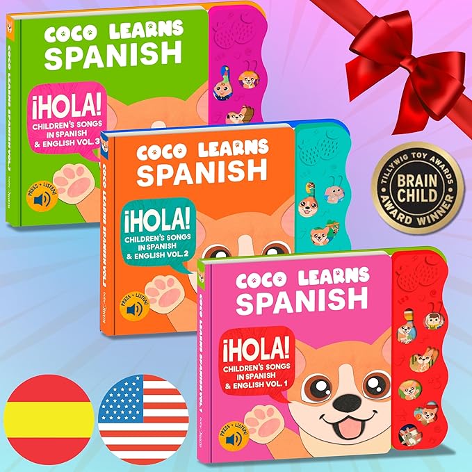 Musical Spanish Books for Kids 1-3, Spanish English Toys for Babies & Toddlers 1-3, Baby & Toddler Spanish Books, Bilingual Learning Toys 1 Year Old, Libros Infantiles en Español