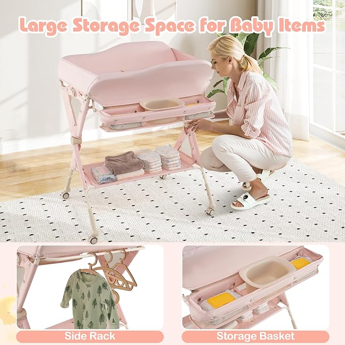 INFANS Baby Changing Table with Wheels, Portable Folding Diaper Station Nursery Organizer with Storage Basket, Hanging Rack, Adjustable Height, Safety Belt for Newborn Infant (Light Pink)