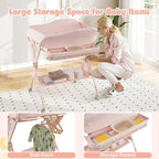 INFANS Baby Changing Table with Wheels, Portable Folding Diaper Station Nursery Organizer with Storage Basket, Hanging Rack, Adjustable Height, Safety Belt for Newborn Infant (Light Pink)