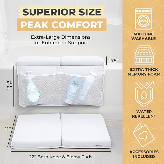 Bath Kneeler and Elbow Rest Pad, Extra Thick Baby Bath Kneeling Pad and Elbow Pad for Bathtub. Bath Tub Elbow Pad with Infant Toy and Baby Accessories Organizer, Off White Color
