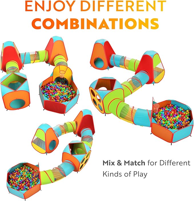 Playz 7pc Kids Play Tent with 1 Big Ball Pit for Babies, 3 Play Tunnel for Toddlers, and 3 Pop Up Tents Playhouse Bundle, Best Birthday Gift for Boys & Girls, Indoor & Outdoor Use Portable Play Center