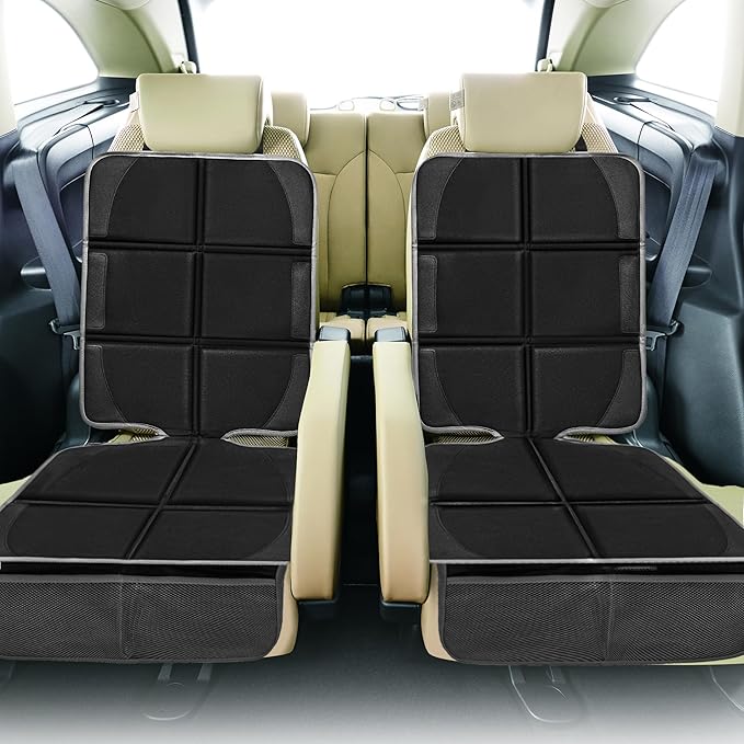 Car Seat Protector 2 Pack Baby Car Seat Covers with Mesh Pockets & Non-Slip Backing 600D Durable Seat Protector Under Baby Car Seat (Black & Gray, Large)