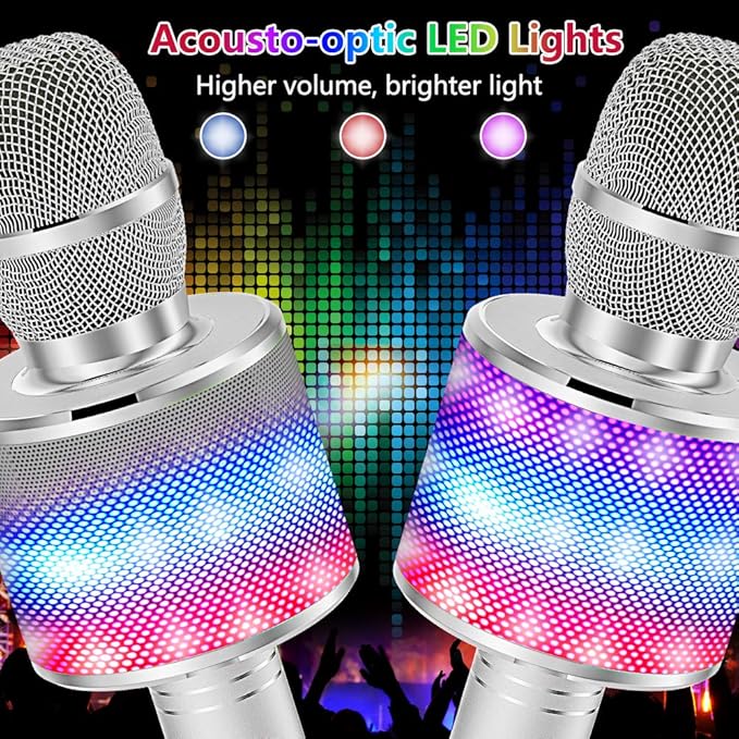 Amazmic Kids Karaoke Microphone Machine Toy Bluetooth Microphone Portable Wireless Karaoke Machine Handheld with LED Lights, Gift for Children Adults Birthday Party, Home KTV(Silver)