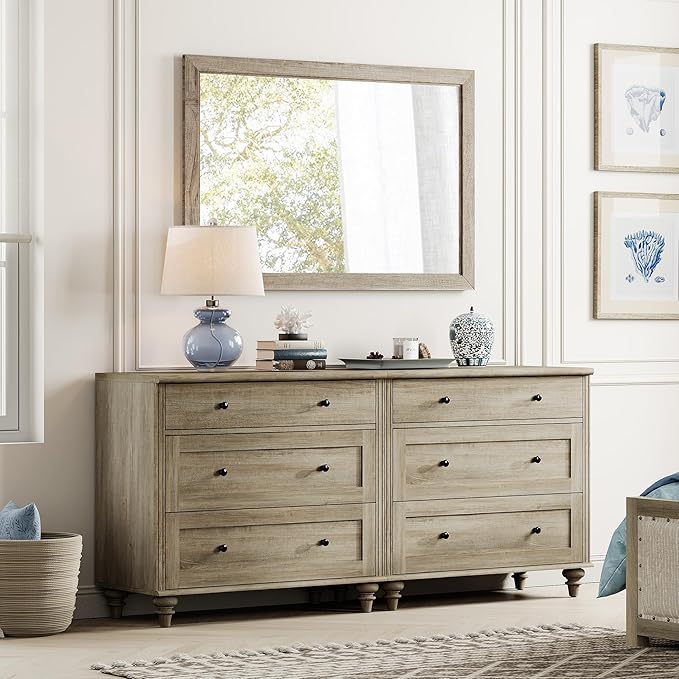 WAMPAT Kids Dresser for Bedroom with 6 Drawers, Rustic Oak Baby Dressers with Wide Chest of Drawers, Modern Wooden Closet Storage Organizer, Large Wood Dressers for Living Room, Nursery, Hallway