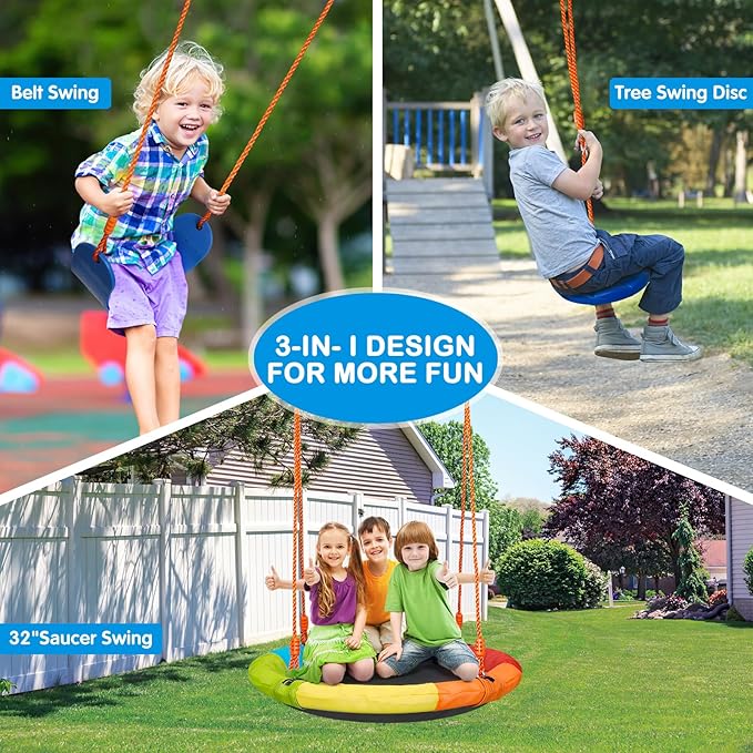 GIKPAL Swing Sets for Backyard, Outdoor Swing Set for Kids Ages 3-8, Outdoor Heavy-Duty Metal Swing Set with 2 Saucer Swings and a Double Ring Swing, 440 lbs Capability,Yellow-blue1,Medium,(YCQQJ01)