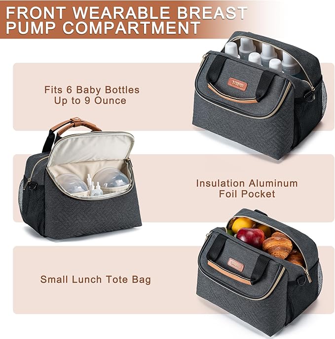Breastmilk Cooler Bag with Ice Pack Fits 6 Baby Bottles up to 9 Ounce, Wearable Breast Pumps Cooler Bag for Nursing Mom Daycare, Work, Travel- Dark Grey