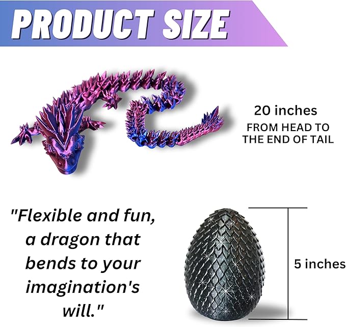 20" Articulated Dragon With Egg - Big Color Changing - 3D Printed Dragon With Egg - Fidget Dragon Egg & 3D Dragon - Toy Dragon Egg With Figures - Made in the USA - (Blue/Red With Black Egg)