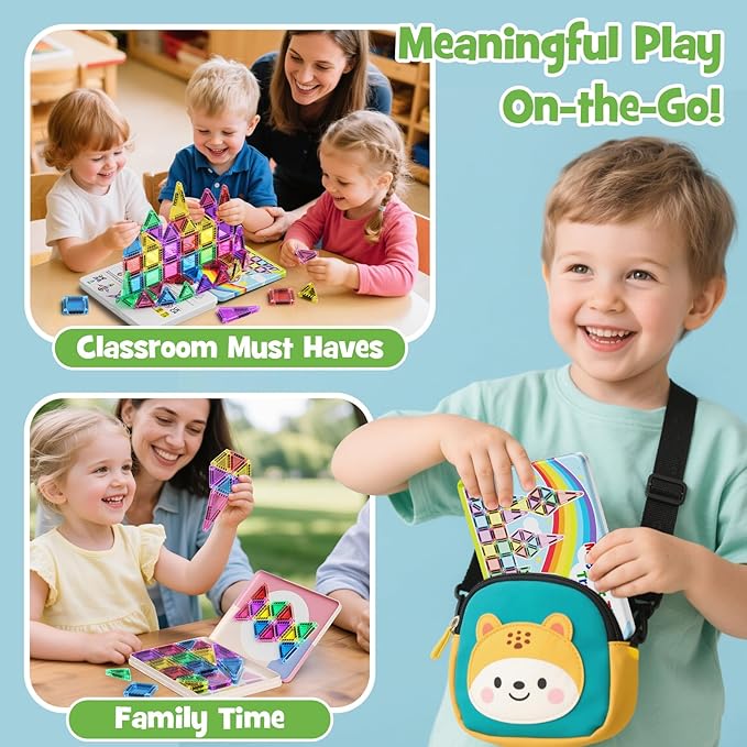 Magnetic Tiles Travel Toys for Kids 4-8, 42PCS Candy Color STEM Building Blocks with Visual Storage Guide & Metal Case, Airplane Activities & Toddler Travel Essentials Ages 3-5