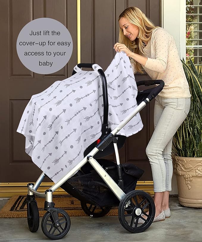 Rquite Car Seat Covers for Babies, 100% Muslin Carseat Cover Boys Girls, Lightweight Infant Car Seat Canopy, Soft Breathable Baby Carrier Cover, Summer Stroller Cover (Grey Arrow)