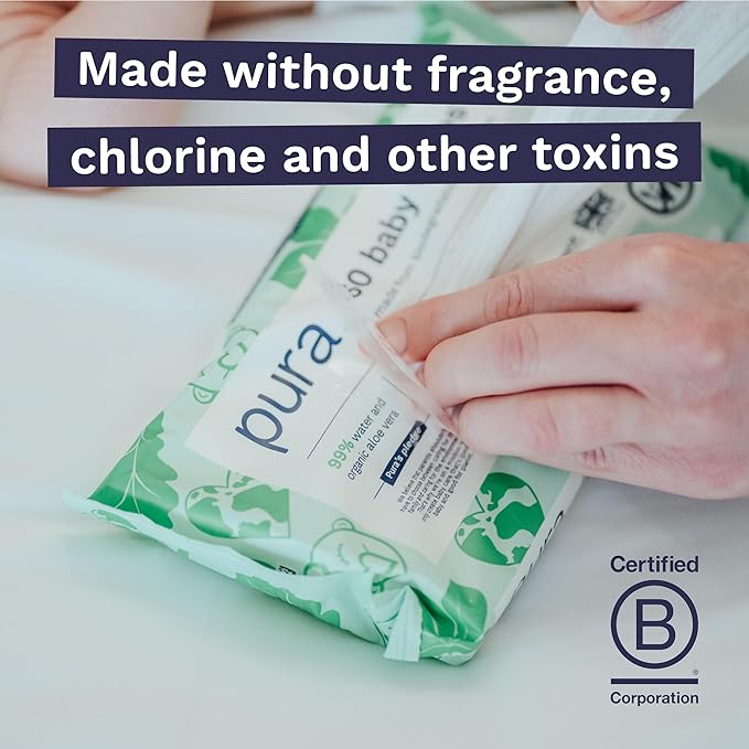 Pura Natural Sensitive Baby Wipes, 99% Water, Unscented & Hypoallergenic, Suitable for Sensitive & Eczema-prone Skin, Fragrance Free & Hypoallergenic, EWG Verified, 3 x 60 per pack (180 Wipes)