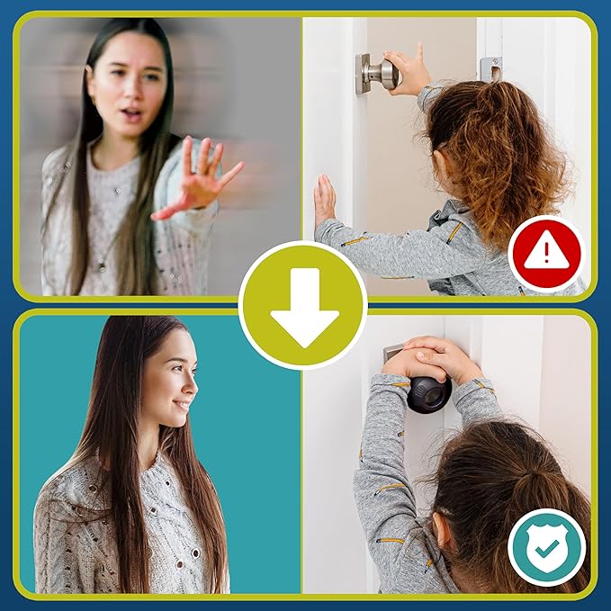 Child Safety Door Knob Cover (4 Pack) Hard-to-Remove Dual-Lock Door Handle Covers for Kids - Reusable Baby Proof Door Knob Locks - Installs Easily, No Tools Needed (Black)
