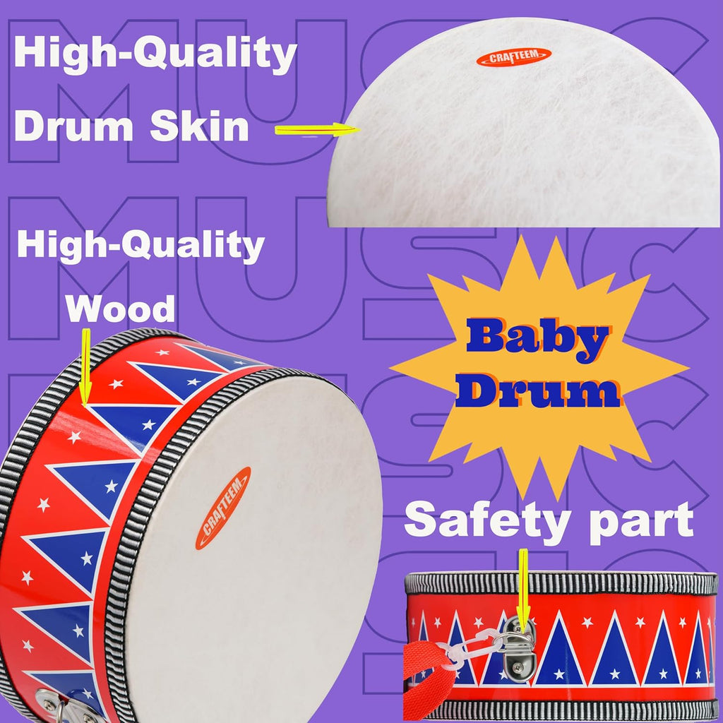 Wooden Kids Drum Set for Toddlers - Baby Musical Toy w/Wrist Bells, Drum Sticks & Fun Drum Instrument for Boys & Girls - Educational Christmas Birthday Gift.