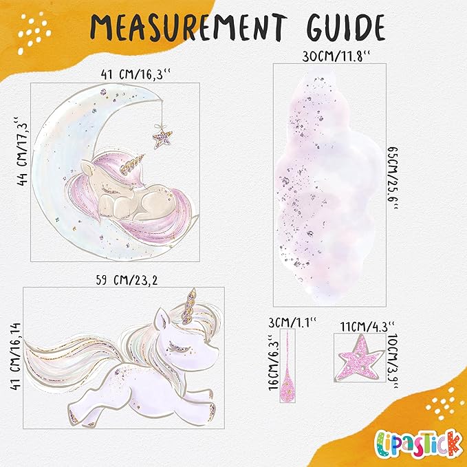 Unicorn Wall Decals by Lipastick - Vibrant Glitter Moon, Stars, Cloud Stickers for Girls Bedroom, Baby Nursery, Kids Room, Birthday Party Decor Art- Peel and Stick Gift Idea- XXL Size
